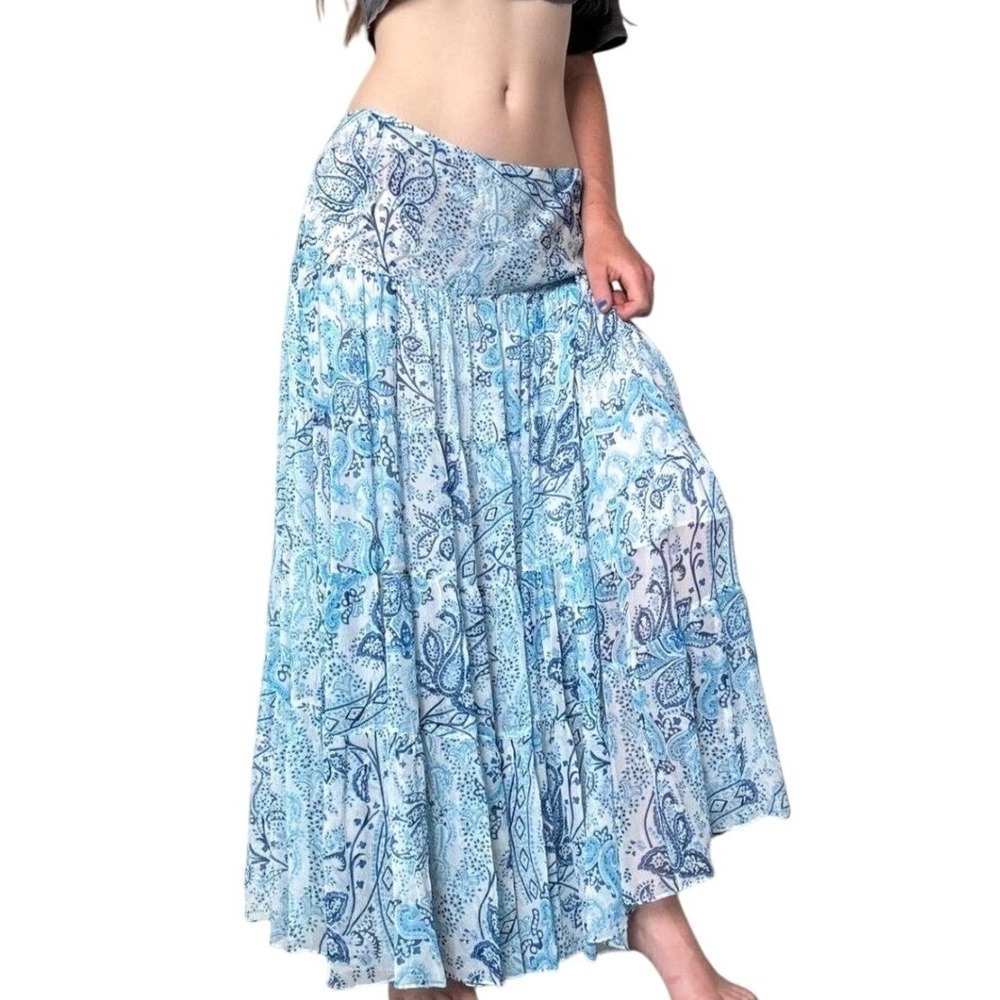 Ralph Lauren 100% Silk Maxi Skirt Paisley Medium Blue Boho Cottagecore Fairy Y2K